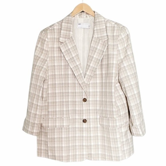 ASOS Design Oversized Blazer Cream Tan Plaid Boyfriend Jacket Size 12P 12 Petite - Picture 1 of 9